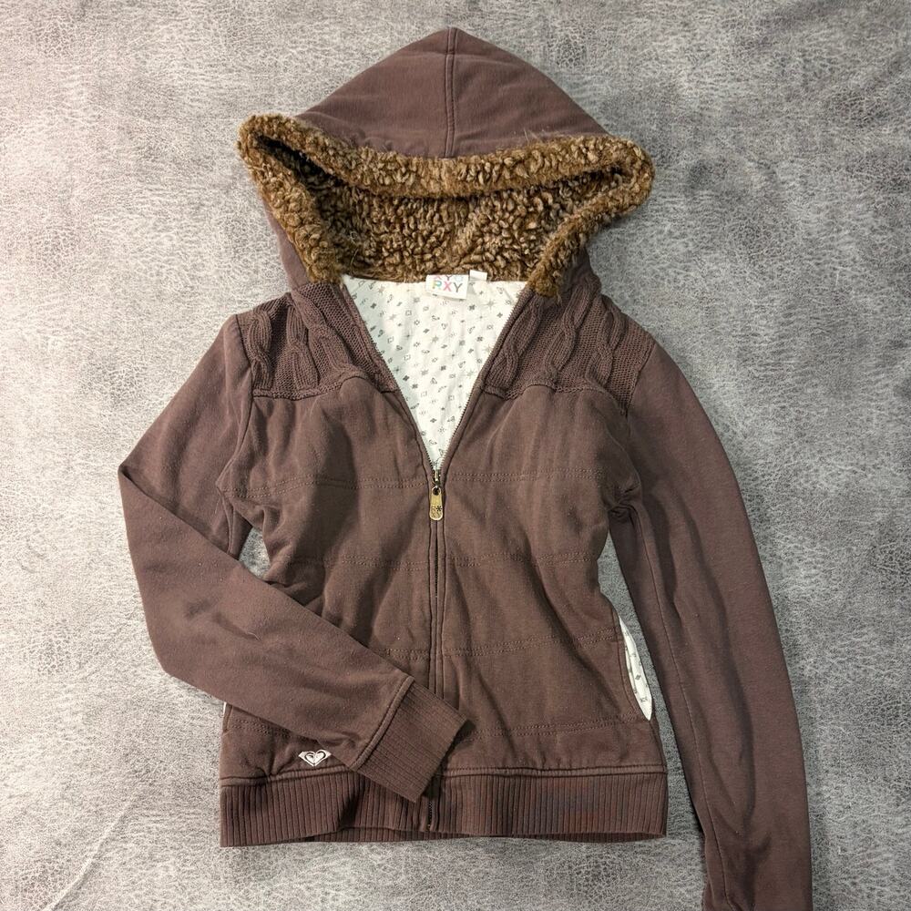 Y2k Roxy Brown Fluffy Zip Up Hooide
